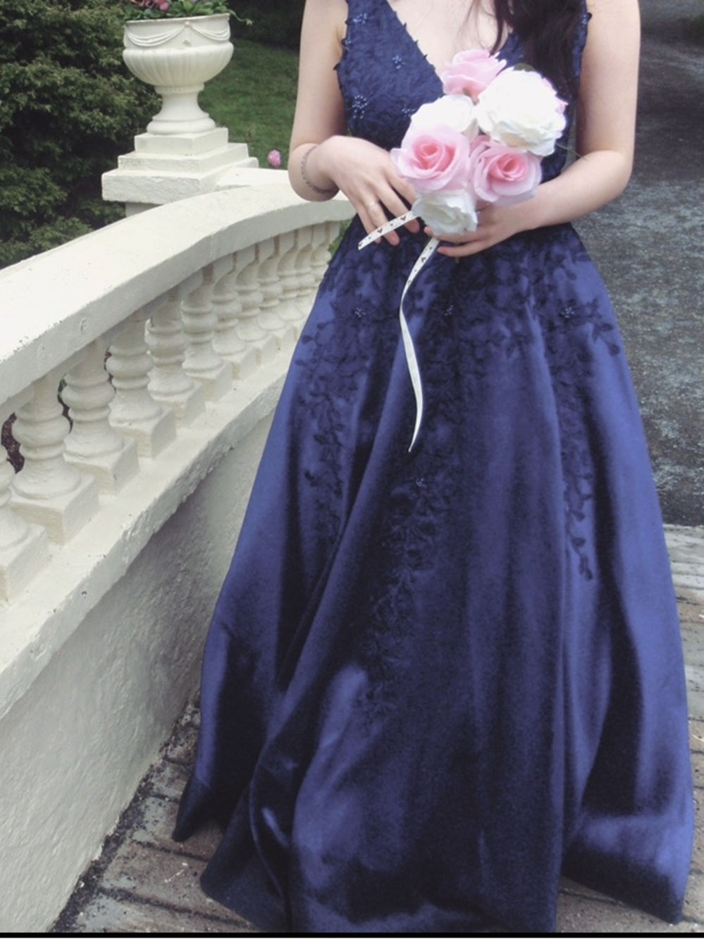 Navy Blue flower laced Prom Dress ( Tailored)